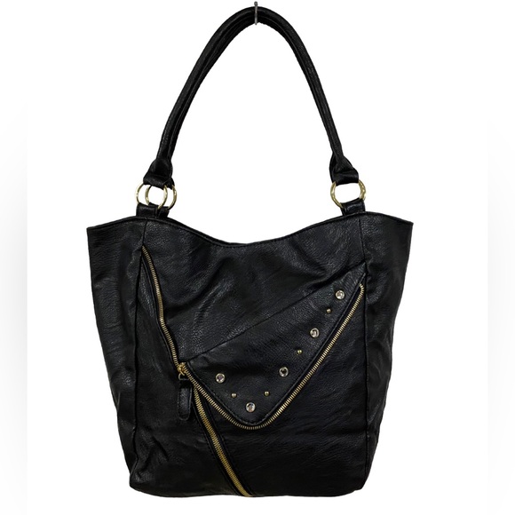 Black Vinyl Handbag Purse Bejeweled Zipper Gold Hardware Bag Double Handles - Picture 1 of 16